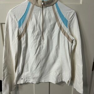 Tail quarter zip White Textured Long Sleeve Top with Blue and Beige Accents